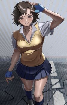 1girl black_shoes blue_gloves blue_skirt blue_socks breasts brown_eyes brown_hair cleavage cracked_road female_focus fingerless_gloves gloves grin highres kazama_asuka large_breasts looking_at_viewer matching_hair/eyes namco pleated_skirt road rokubanana school_uniform shirt shoes short_hair short_sleeves skirt sleeveless sleeveless_sweater smile socks solo standing sweater teeth tekken tekken_5 white_shirt