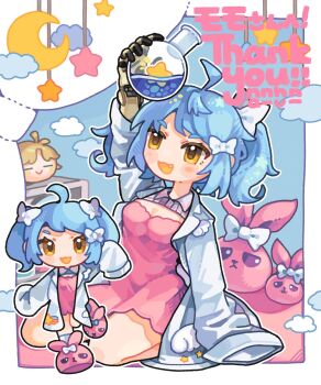 1girl :3 :d ahoge arm_up blue_background blue_hair blush_stickers border bow breasts chibi collared_shirt commentary commission crescent dress fang flask full_body hair_bow highres holding holding_flask long_sleeves medium_breasts open_clothes open_mouth open_shirt original outline outside_border pink_dress pink_shoes round-bottom_flask shirt shoes short_hair sitting skeb_commission sleeves_past_fingers sleeves_past_wrists smile socks star_(symbol) tabunnanhun thank_you twintails white_border white_bow white_outline white_shirt white_socks yellow_eyes