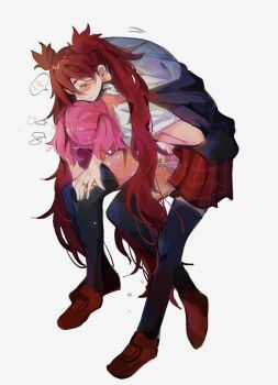 2girls black_jacket black_thighhighs commentary_request fingering highres holding_hands invisible_chair jacket jinx_(league_of_legends) kid_sppinarl league_of_legends long_hair lux_(league_of_legends) multiple_girls panties panty_pull pink_hair purple_eyes red_hair red_shoes red_skirt shoes short_hair simple_background sitting skirt star_guardian_(league_of_legends) star_guardian_jinx star_guardian_lux thighhighs twintails two_side_up underwear white_background white_panties yuri