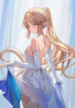 1girl alternate_costume backless_dress backless_outfit bare_shoulders blonde_hair blue_eyes blush breasts cartethyia_(wuthering_waves) closed_mouth commentary_request cowboy_shot dress earrings elbow_gloves from_behind gloves jewelry long_hair looking_at_viewer looking_back multiple_earrings paid_reward_available parted_bangs pointy_ears ponytail ru_zhai sidelocks small_breasts smile solo tacet_mark_(wuthering_waves) very_long_hair white_dress white_gloves wuthering_waves