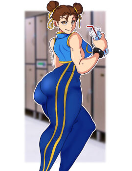 Rule 34 | 1girl, 2024, arm up, artist name, ass, ass focus, back, blue background, blue bodysuit, blue vest, blurry, blurry background, bodysuit, bracelet, breasts, brown hair, capcom, chun-li, clenched hand, commentary, contrapposto, cowboy shot, cup, double bun, drinking straw, english commentary, female focus, from behind, from below, hair bun, heart, highres, holding, holding cup, indoors, jewelry, large breasts, looking at viewer, looking back, medium breasts, outside border, parted bangs, parted lips, shaded face, sideboob, simple background, smile, solo, spiked bracelet, spikes, standing, street fighter, street fighter alpha, thick lips, thick thighs, thighs, vest, whatdajay, wide hips