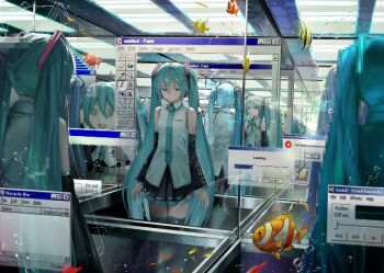 1girl absurdres animal aqua_eyes aqua_hair aqua_nails aqua_necktie bare_shoulders black_sleeves captcha clownfish cosplay cursor desktop_(computing) detached_sleeves fish grey_shirt hair_between_eyes hair_ornament hatsune_miku hatsune_miku_(cosplay) headphones headset highres kei_(keigarou)_(style) long_hair looking_at_viewer microsoft_paint_(software) microsoft_windows mii_(nintendo) mirror necktie nintendo number_tattoo open_mouth parody shirt sleeveless sleeveless_shirt smile solo style_parody taskbar tattoo thighhighs twintails very_long_hair vocaloid windows_classic windows_media_player yunkkker