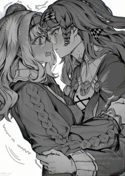 2girls arm_around_waist blush checkered_hairband diagonal-striped_clothes diagonal-striped_necktie eye_contact face-to-face from_side glasses gloves greyscale hairband hug imminent_kiss long_hair looking_at_another matilda_bouanich medium_hair monochrome multiple_girls mutual_hug necktie open_mouth paperca-ke profile reverse:1999 sonetto_(reverse:1999) striped_clothes sweater upper_body white_background yuri