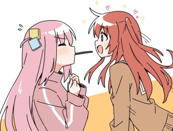 Rule 34 | + +, 2girls, blush, bocchi the rock!, brown shirt, closed eyes, commentary, cube hair ornament, flying sweatdrops, food, food in mouth, gotoh hitori, hair ornament, haru (konomi 150), heart, jacket, kita ikuyo, long hair, multiple girls, one side up, open mouth, pink hair, pink jacket, pocky, pocky day, pocky in mouth, red hair, school uniform, serafuku, shirt, shuka high school uniform, smile, sparkle, track jacket, two-tone background, white background, yellow background, yuri