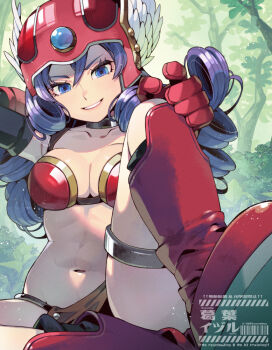 Rule 34 | 1girl, armor, bikini armor, blue eyes, boots, breasts, dragon quest, dragon quest iii, gloves, helmet, kuzuno ha, large breasts, looking at viewer, navel, purple hair, red boots, red gloves, red helmet, sitting, smile, solo, stomach, warrior (dq3)