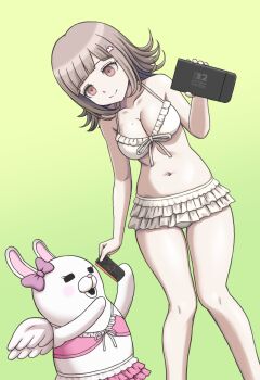 1girl :d bare_shoulders bikini bikini_skirt bow breasts brown_hair cleavage collarbone controller danganronpa_(series) danganronpa_2:_goodbye_despair ear_bow feet_out_of_frame flipped_hair game_controller green_background hair_ornament handheld_game_console holding holding_controller holding_game_controller holding_handheld_game_console large_breasts medium_hair nanami_chiaki navel official_alternate_costume open_mouth pink_bikini pink_bow pink_eyes simple_background smile stomach swimsuit usami_(danganronpa) vierosky white_bikini