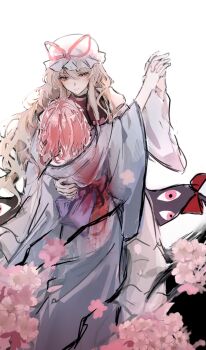 Rule 34 | 2girls, blonde hair, blood, blood on clothes, blue kimono, cherry blossoms, closed mouth, commentary request, dress, gap (touhou), hair ribbon, hand on another's back, hat, highres, holding hands, interlocked fingers, japanese clothes, kimono, long hair, long sleeves, looking at viewer, medium hair, missing headwear, mob cap, multiple girls, onigiri 222x714, petals, pink hair, pink petals, purple eyes, purple tabard, red eyes, ribbon, saigyouji yuyuko, saigyouji yuyuko (living), smile, tabard, touhou, white background, white dress, yakumo yukari