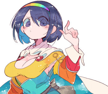 1girl blue_eyes blue_hair blush breasts cloak dress hairband large_breasts long_sleeves massakasama multicolored_dress multicolored_hairband parted_lips patchwork_clothes short_hair simple_background solo tenkyuu_chimata touhou upper_body white_background white_cloak