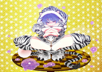 1girl 2022 :3 animal_ears animal_hands animal_print arm_support blob blue_eyes blue_hair blush breasts breasts_apart claws commentary_request doremy_sweet dream_soul fake_animal_ears fur_trim highres looking_at_viewer m_legs medium_breasts navel nengajou new_year patterned_clothing solo spread_legs stomach tail thighhighs thighs tiger tiger_ears tiger_print tiger_tail touhou yassy