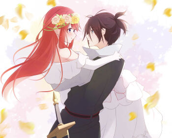 1boy 1girl absurdres bare_shoulders black_hair blue_eyes blush carrying couple dress elbow_gloves eye_contact flower gloves hair_flower hair_ornament head_wreath hetero highres long_dress long_hair looking_at_another petals princess_carry rain_re_a re:zero_kara_hajimeru_isekai_seikatsu red_hair short_hair smile sword theresia_van_astrea weapon wedding_dress white_dress wilhelm_(re:zero)