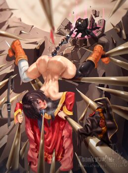 1girl absurdres anal anal_beads anal_object_insertion anal_tail anger_vein ass aura bandaged_leg bandages black_hat black_thighhighs boots brown_hair butt_plug chomusuke creature dress fake_tail hat highres kono_subarashii_sekai_ni_shukufuku_wo! megumin object_insertion open_mouth orange_boots peril pitfall red_dress red_eyes sex_toy sex_toy_pull single_thighhigh spikes tail thighhighs unworn_hat unworn_headwear upside-down vorpal_cotton