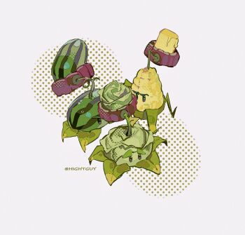 Rule 34 | artist name, black eyes, brothers, butter, cabbage, cabbage-pult (plants vs. zombies), commentary, film grain, food, fruit, grey background, halftone, halftone background, highres, hightguy, kernel-pult (plants vs. zombies), leaf, looking at another, looking at viewer, melon-pult (plants vs. zombies), no humans, no mouth, plant, plants vs. zombies, siblings, simple background, solid oval eyes, symbol-only commentary, watermelon