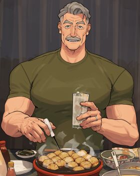 1boy bottle bowl cheekbones facial_hair food green_shirt grey_eyes grey_hair highres holding_takoyaki_pick indoors jewelry looking_at_viewer male_focus manly mature_male muscular muscular_male mustache old old_man original plate ring sa1k0p salad shirt short_hair solo steaming_food table takoyaki takoyaki_pan takoyaki_pick upper_body wedding_ring wrinkled_skin