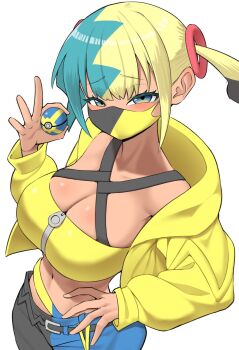 1girl alternate_breast_size_(larger) black_mask blonde_hair blue_eyes blue_hair blush breasts canari_(pokemon) commentary_request criss-cross_straps hand_on_own_hip highres jacket large_breasts long_sleeves looking_at_viewer mask midriff mouth_mask multicolored_hair navel nintendo open_clothes open_jacket pants pero_(pero7762) poke_ball pokemon pokemon_legends:_z-a quick_ball raised_eyebrows simple_background solo split-color_hair two-tone_mask white_background yellow_jacket yellow_mask