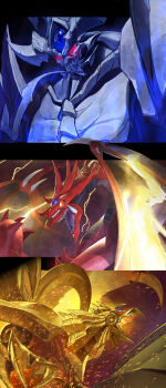 1boy absurdres armor bird black_background black_border blue_skin border claws colored_skin dragon duel_monster electricity embers extra_mouth forehead_jewel full_armor glowing glowing_eyes highres horns monster monster_boy monster_focus muscular muscular_male obelisk_the_tormentor open_mouth osiris_the_sky_dragon portrait red_eyes red_scarf red_wings scarf solo sukehachi the_winged_dragon_of_ra trait_connection wings yellow_eyes yu-gi-oh!