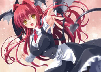 1girl :d bat_wings beckoning between_breasts black_pantyhose black_vest blurry blush breasts buttons collared_shirt cowboy_shot demon_girl demon_tail depth_of_field dress_shirt female_focus frilled_skirt frills hair_intakes head_wings koakuma large_breasts ld_(luna_dial398) light_particles long_hair long_skirt long_sleeves looking_at_viewer multiple_wings necktie necktie_between_breasts open_mouth outstretched_arms pantyhose pointy_ears red_hair red_necktie shirt skirt skirt_set smile solo square tail touhou untucked_shirt vest wings yamu_(reverse_noise) yellow_eyes