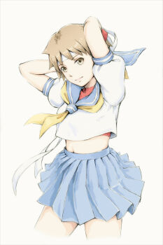 Rule 34 | 1girl, arms behind head, arms up, blue skirt, brown eyes, brown hair, capcom, headband, highres, kasugano sakura, looking at viewer, midriff, navel, puffy short sleeves, puffy sleeves, sailor collar, school uniform, serafuku, short hair, short sleeves, simple background, skirt, smile, solo, street fighter, street fighter zero (series), street fighter zero 2, tyanoki, wind
