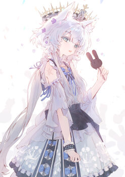 1girl :p absurdres animal_ear_fluff animal_ears arknights black_bow blue_bow blue_eyes bow cat_ears cat_girl chinese_commentary commentary_request cowboy_shot crown detached_sleeves dress flower frilled_bracelet green_eyes grey_hair hair_flower hair_ornament highres holding long_hair looking_at_viewer low_ponytail ponytail purple_flower rosmontis_(an_airy_dream)_(arknights) rosmontis_(arknights) sao7 smile solo standing tongue tongue_out white_background white_dress white_hair