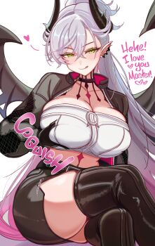 Rule 34 | 0nineo9, 1girl, absurdres, bat wings, black choker, black thighhighs, blush, breasts, choker, colored extremities, commentary, commission, commissioner upload, crossed legs, demon horns, english commentary, english text, fate/grand order, fate (series), gradient hair, green eyes, heart, highres, horns, jacket, large breasts, licking lips, lilith (fate), lilith (over the same sky) (fate), long hair, multicolored hair, neck tattoo, non-web source, pencil skirt, ponytail, pubic tattoo, skirt, smile, solo, tattoo, thighhighs, tongue, tongue out, very long hair, white hair, wings