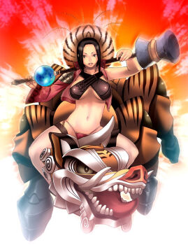 1girl breasts chiba_toshirou criss-cross_halter female_focus halterneck large_breasts midriff monster mythological_creature original panties riding side-tie_panties solo staff thighhighs underboob underwear