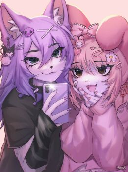 2girls animal_hood animal_nose bitterk4t black_arm_warmers black_shirt brown_eyes cellphone collar commentary cosplay couple earrings english_commentary furry furry_female furry_with_furry grey_eyes hair_bobbles hair_ornament highres holding holding_phone hood jewelry kuromi kuromi_(cosplay) long_hair long_sleeves looking_at_viewer medium_hair multiple_girls my_melody my_melody_(cosplay) onegai_my_melody original phone pink_hair pink_sweater purple_eyes rabbit_hood sanrio shirt smartphone smile spiked_collar spikes sweater upper_body yuri