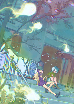 2girls absurdres aqua_hair aqua_hat bandaid bandaid_on_knee bandaid_on_leg baseball_cap blowing_bubble_gum brown_gloves brown_shirt chewing_gum clip_studio_paint_(medium) commentary day dress english_commentary english_text eudetenis gloves green_shirt grey_shorts hair_over_shoulder hat highres long_hair multiple_girls one_eye_closed open_clothes open_shirt original outdoors purple_dress purple_hair railing scenery shirt shoes short_hair short_sleeves shorts sign sitting sitting_on_stairs slice_of_life sneakers stairs swimsuit tree