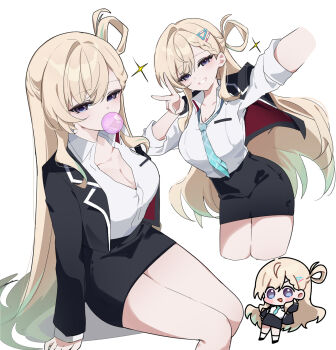 1girl aqua_necktie black_skirt blonde_hair blowing_bubble_gum braid braided_bangs breasts chaum chewing_gum closed_mouth collared_shirt commentary gs25 hair_between_eyes highres jacket long_hair long_sleeves looking_at_viewer lynae_(wuthering_waves) necktie official_alternate_costume shirt shirt_tucked_in simple_background skirt smile solo v white_background white_shirt wuthering_waves