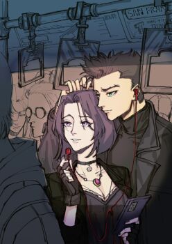 1girl black_jacket black_nails black_shirt breasts brown_hair choker cleavage collared_jacket damian_wayne dc_comics earbuds earphones fingerless_gloves glasses gloves green_eyes hand_grip highres holding holding_earphones holding_hand_grip holding_phone hood hood_down hoodie jacket jewelry loose_hair_strand medium_breasts medium_hair multiple_boys necklace parted_bangs parted_lips partially_colored pentagram phone purple_eyes purple_hair raven_(dc) san_francisco shared_earphones shirt single_earphone_removed slackertherubycat smile spiked_hair train_interior turtleneck