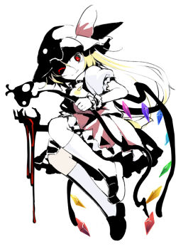 1girl blonde_hair blue_gemstone collared_shirt flandre_scarlet frilled_hat frilled_skirt frilled_sleeves frilled_wristband frills gem green_gemstone hat hat_ribbon holding holding_weapon jewelry kazeharu laevatein_(touhou) liquid long_hair looking_at_viewer neckerchief ponytail puffy_short_sleeves puffy_sleeves purple_gemstone red_eyes red_gemstone red_ribbon red_skirt red_vest ribbon shirt shoes short_sleeves side_ponytail simple_background skirt smile socks touhou vest weapon white_background white_headwear white_shirt wings wristband yellow_gemstone yellow_neckerchief