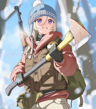 1girl axe bypos gloves gun gun_on_back hat holding holding_axe original rifle snow solo weapon weapon_on_back
