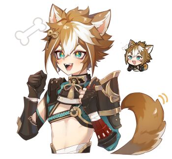 +_+ 1boy animal_ears armor asymmetrical_gloves bandaged_arm bandages black_gloves blush bone brown_hair clenched_hands dog_boy dog_ears dog_tail fangs fingerless_gloves genshin_impact genshin_impact_sticker_redraw_(meme) gloves gorou_(genshin_impact) hair_between_eyes hair_ornament highres japanese_armor male_focus meme multicolored_hair open_mouth paw_print shirt simple_background single_fingerless_glove tail upper_body wamosukeda white_background white_shirt