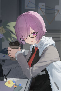 1girl absurdres black-framed_eyewear blush commentary_request cup elbows_on_table fate/grand_order fate_(series) glasses grey_jacket hair_over_one_eye highres holding holding_cup hood hood_down hooded_jacket jacket looking_at_viewer mash_kyrielight mglame necktie open_mouth paper_stack purple_eyes purple_hair red_necktie semi-rimless_eyewear shirt short_hair smile solo sticky_note white_shirt