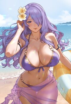 1girl absurdres adjusting_hair armpit_crease artist_name bare_arms bare_shoulders beach bikini blue_sky breasts camilla_(fire_emblem) camilla_(tropical_beauty)_(fire_emblem) cleavage cloud collarbone commentary day fire_emblem fire_emblem_fates fire_emblem_heroes flower hair_over_one_eye hand_up highres holding holding_swim_ring innertube large_breasts long_hair looking_at_viewer narrow_waist navel nintendo o-ring o-ring_bikini o-ring_bottom o-ring_top ocean official_alternate_costume outdoors pink_eyes purple_bikini purple_eyes purple_hair sideboob sky solo stomach swim_ring swimsuit thick_thighs thighs very_long_hair wide_hips yellow_flower yiiande