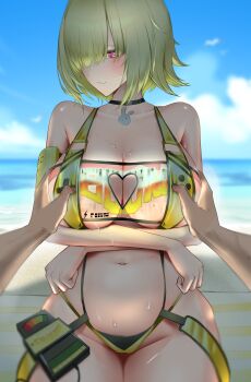 1boy 1girl absurdres beach black_choker blonde_hair blue_sky breasts choker cleavage cleavage_cutout clothing_cutout cloud collarbone controller curvy day elegg_(boom_and_shock)_(nikke) elegg_(nikke) fang goddess_of_victory:_nikke grabbing_another's_breast groping heart_cutout hetero highres large_breasts looking_at_viewer navel nekoten outdoors pov pov_hands purple_eyes remote_control short_hair sky slingshot_swimsuit solo_focus stomach suspenders swimsuit wavy_mouth wide_hips yellow_slingshot_swimsuit