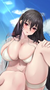 Rule 34 | 1girl, ahoge, azur lane, bikini, black hair, blue sky, breasts, cleavage, cloud, collarbone, commentary request, day, ex saki, hair between eyes, hand on own knee, highres, huge breasts, long hair, long sleeves, looking at viewer, official alternate costume, outdoors, red eyes, shirt, sky, solo, swimsuit, taihou (azur lane), taihou (seaside daydreams) (azur lane), very long hair, white bikini, white shirt