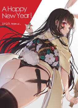 1girl 2023 animal_ears artist_name ass black_hair black_panties black_sash black_thighhighs blunt_bangs blush chinese_zodiac commentary_request dutch_angle eyelashes facepaint floating_hair floral_print from_below hagoita hand_up hane_(hanetsuki) hanetsuki happy_new_year highres holding holding_paddle japanese_clothes kimono long_hair long_sleeves looking_at_viewer looking_back mmu new_year obi original paddle panties parted_lips print_sash rabbit_ears rabbit_tail red_background red_eyes sash side-tie_panties sidelocks solo standing tail thighhighs thighs two-tone_background underwear very_long_hair white_background year_of_the_rabbit yellow_kimono