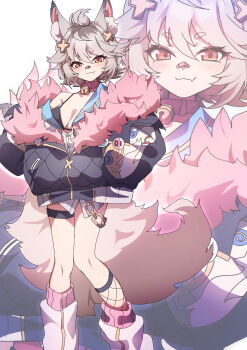 1girl absurdres animal_ear_fluff animal_ears asymmetrical_legwear bandaid bandaid_on_face bandaid_on_nose black_bra black_jacket blonde_hair bra breasts cleavage closed_mouth collar commentary cross_hair_ornament english_commentary fang fluffy_clothes fox_ears fox_girl fox_tail fur-trimmed_jacket fur_trim hair_ornament highres indie_virtual_youtuber jacket leg_warmers legs orange_eyes shirahiko_(vtuber) short_eyebrows single_fishnet_legwear skin_fang small_breasts tail thigh_strap to_(tototo_tk) underwear virtual_youtuber white_background