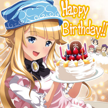 Rule 34 | ange (princess principal), beatrice (princess principal), birthday, birthday cake, blonde hair, blue eyes, blush, brown hair, cake, dorothy (princess principal), dress, food, fruit, grey hair, happy birthday, highres, long hair, looking at viewer, multiple girls, open mouth, princess, princess (princess principal), princess principal, smile, strawberry, taniguchi gou, toudou chise