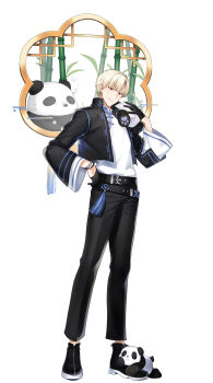 1boy absurdres animal animal_on_foot animal_on_shoulder bamboo belt black_belt black_gloves black_jacket black_pants black_shoes blonde_hair bracelet closers full_body gloves hand_in_pocket hand_on_own_hip hand_up highres jacket jewelry lattice legs_apart looking_at_viewer male_focus mandarin_collar official_art open_clothes open_jacket panda pants red_eyes shirt shirt_tucked_in shoes short_hair smile solo standing tachi-e white_background white_shirt wide_sleeves window wolfgang_schneider