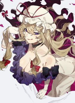 1girl :q absurdres alternate_costume black_choker blonde_hair bow breasts choker cleavage collarbone commentary dress gap_(touhou) gloves hair_bow hat hat_ribbon highres large_breasts long_hair looking_at_viewer mob_cap purple_eyes red_bow red_ribbon ribbon shimiya_jin smile solo tongue tongue_out touhou very_long_hair white_dress white_gloves white_hat yakumo_yukari