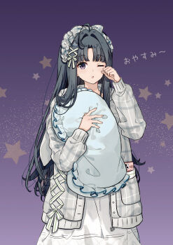 1girl ;o absurdres ahoge alternate_costume awa_subaru black_hair bow dress frilled_pillow frills girls_band_cry gradient_background grey_jacket hair_bow hair_intakes hair_ornament hand_up highres holding holding_pillow hugging_object jacket long_hair long_sleeves looking_at_viewer migolu nuoweisenlin_tongren_gongzuoshi one_eye_closed open_clothes parted_bangs parted_lips pillow pillow_hug puffy_long_sleeves puffy_sleeves purple_background purple_eyes rubbing_eyes sleepy sleeves_past_wrists solo star_(symbol) subaru_(brand) very_long_hair x_hair_ornament