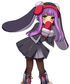 Rule 34 | 1girl, animal hood, black capelet, black coat, boots, boss (non title), capelet, coat, covering own mouth, emil chronicle online, frilled thigh strap, gloves, grey boots, grey skirt, hood, long sidelocks, neck ribbon, pantyhose, penguin girl, penguin hood, pepen alma, purple hair, puzzle &amp; dragons, red gloves, red ribbon, ribbon, sidelocks, skirt, solo, thigh strap, white background, winter uniform, yellow eyes