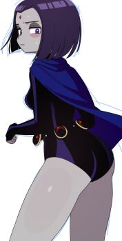 1girl ass bare_hips breasts cape cloak colored_skin dc_comics forehead_jewel from_behind grey_skin highres kojirou_(mesurf1) leotard long_sleeves looking_at_viewer medium_breasts nervous purple_cloak purple_eyes purple_hair raven_(dc) shiny_skin short_hair simple_background sleeved_leotard solo superhero_costume teen_titans