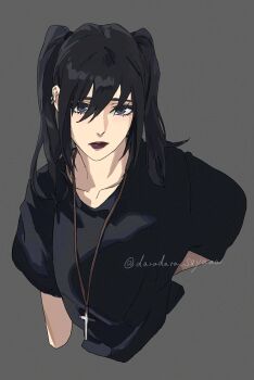 1girl adversarial_noise black_hair black_lips black_shirt closed_mouth collarbone commentary cropped_torso cross cross_necklace darao_(daradara_suyaaa) ear_piercing eyelashes goth_fashion grey_background grey_eyes hair_between_eyes highres jewelry lipstick long_hair looking_at_viewer makeup mikasa_ackerman necklace piercing shingeki_no_kyojin shirt short_sleeves solo twintails twitter_username upper_body