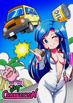 1girl ^_^ animal annoying_cat_(city_connection) blue_eyes blue_hair blue_sky breasts building can car cat city_connection clarice_(city_connection) cleavage closed_eyes closed_mouth cloud commentary_request copyright_name hand_on_own_hip hand_up head_tilt hiro68 holding holding_can honda honda_city jumpsuit long_hair looking_at_viewer medium_breasts motor_vehicle navel oil_can one_eye_closed outdoors palm_tree partially_unzipped pink_cat race_vehicle racecar sky smile tree white_jumpsuit zipper zipper_pull_tab