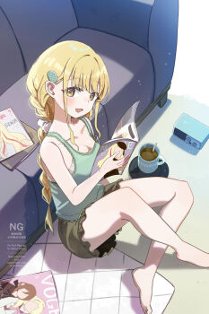 1girl :d bare_arms bare_legs bare_shoulders barefoot blush bra braid breasts brown_eyes brown_shorts cleavage collarbone commentary_request couch crossed_legs cup fang frilled_shorts frills fujita_kotone gakuen_idolmaster green_tank_top highres holding holding_magazine idolmaster juo_sena long_hair looking_at_viewer low_twintails magazine_(object) mao_xiaozha_(rumiechen) mug open_mouth shorts small_breasts smile solo tank_top twin_braids twintails underwear very_long_hair watermark white_bra