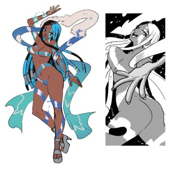 1girl ass black_hair blue_hair bodypaint breasts commentary dark-skinned_female dark_skin genderswap genderswap_(mtf) greek_mythology hagoromo high_heels long_hair multicolored_hair multiple_views navel nipples open_mouth original platform_shoes portuguese_commentary poseidon_(wanderjegson) reaching reaching_towards_viewer shawl shoes simple_background two-tone_hair wanderjegson white_background