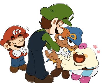 4boys blue_hat brown_hair chibi facial_hair geno_(mario) gloves hat highres luigi mallow_(mario) mario mario_(series) mimimi_(mimimim9999) multiple_boys mustache nintendo overalls red_eyes sailor_hat shirt shoes sitting super_mario_rpg white_background