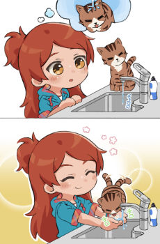 1girl :o =_= blue_jacket blush brown_cat brown_hair cat closed_eyes drawstring drinking highres hood hooded_jacket idolmaster idolmaster_million_live! ikumi_(iq3) imagining jacket kobun_(idolmaster) ogami_tamaki short_sleeves side_ponytail smile speech_bubble tabby_cat tail tail_wagging thought_bubble upper_body water white_background yellow_background yellow_eyes