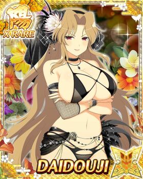Rule 34 | 1girl, arms under breasts, bikini, black bikini, black hairband, blonde hair, border, breasts, card (medium), character name, choker, cleavage, crossed arms, daidouji (senran kagura), floral background, flower, game cg, hair flower, hair ornament, hairband, large breasts, long hair, looking at viewer, mole, mole under eye, navel, official art, parted bangs, red eyes, senran kagura, senran kagura new wave, skindentation, solo, swimsuit, very long hair, wavy hair